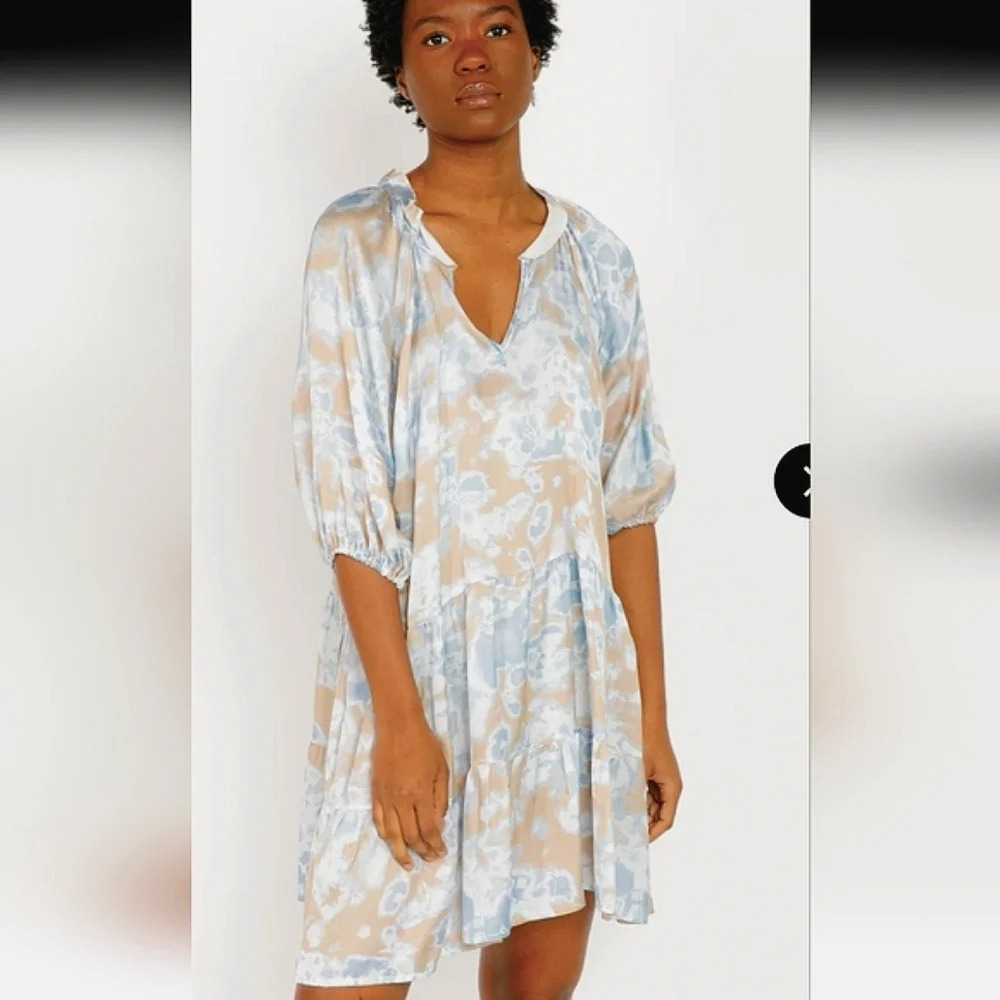SOFIA MADE in ITALY Silk tunic dress. Celeste tie dye. Blue/ivory One size